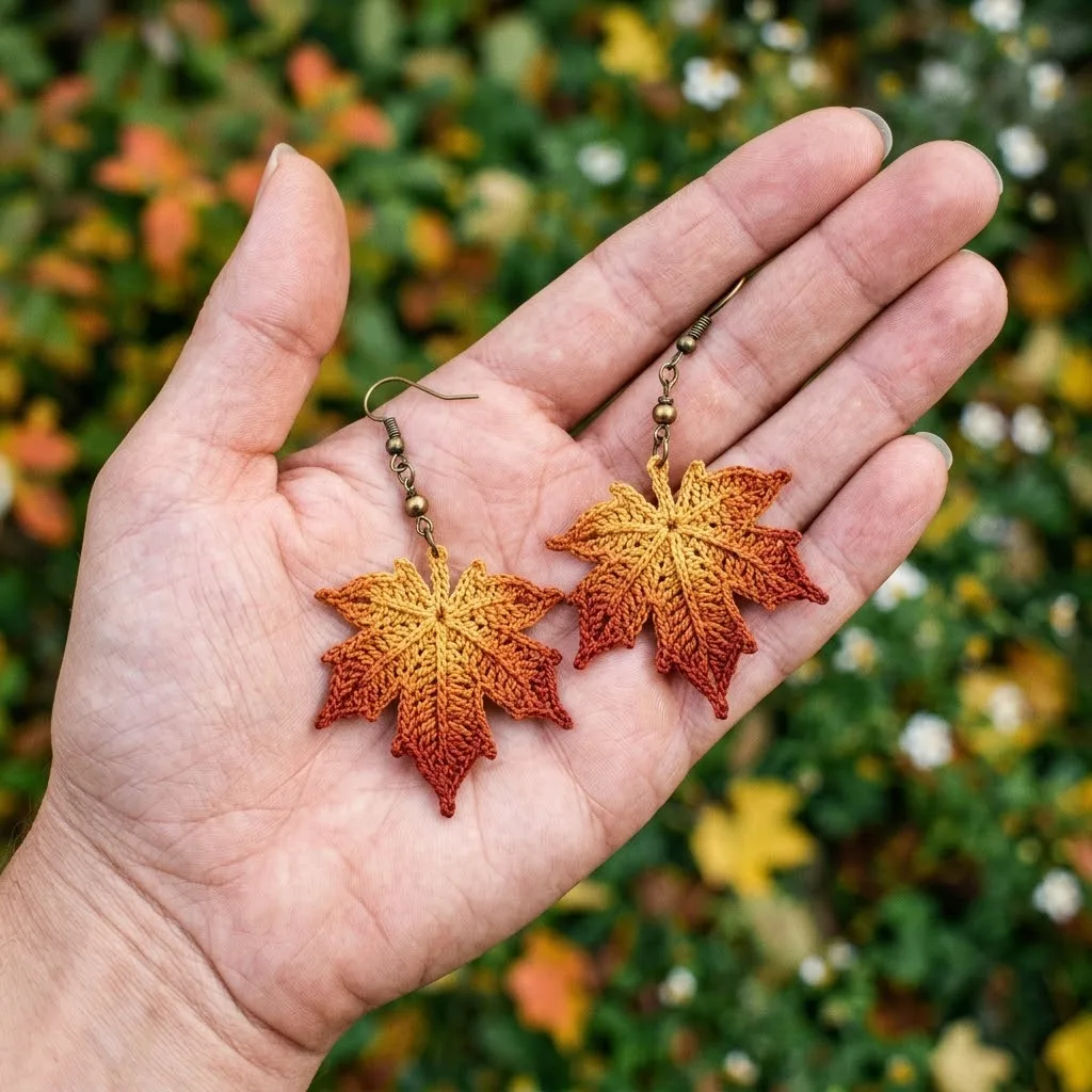 Autumn Burnt Orange Maple Leaf Earrings Free Crochet Pattern