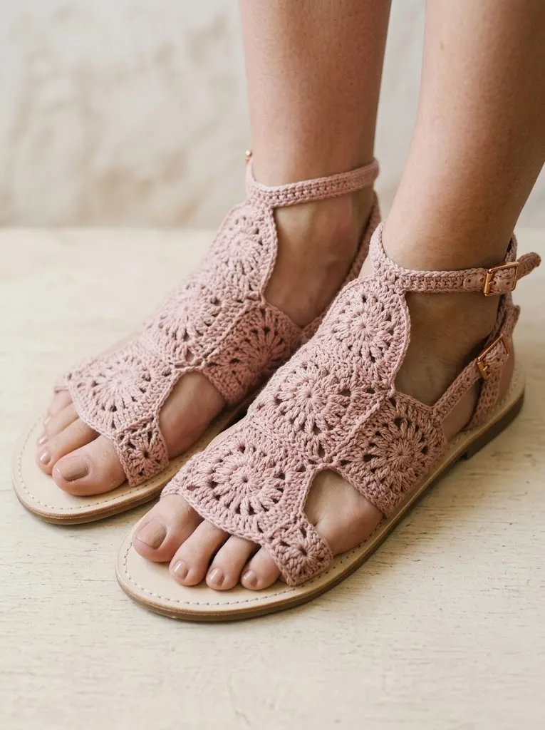 Blush Pink Floral Crochet Gladiator Sandals Free Pattern