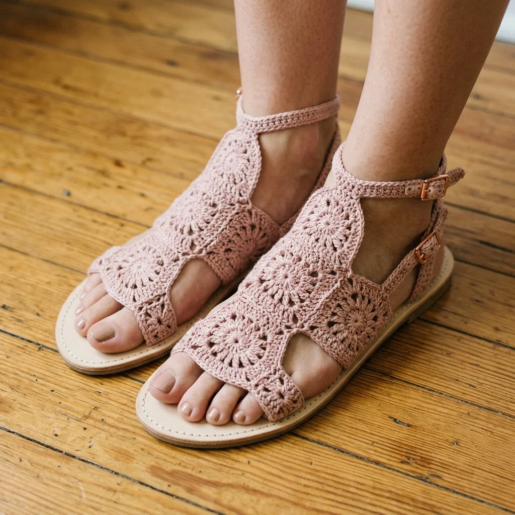 Blush Pink Floral Crochet Gladiator Sandals Free Pattern