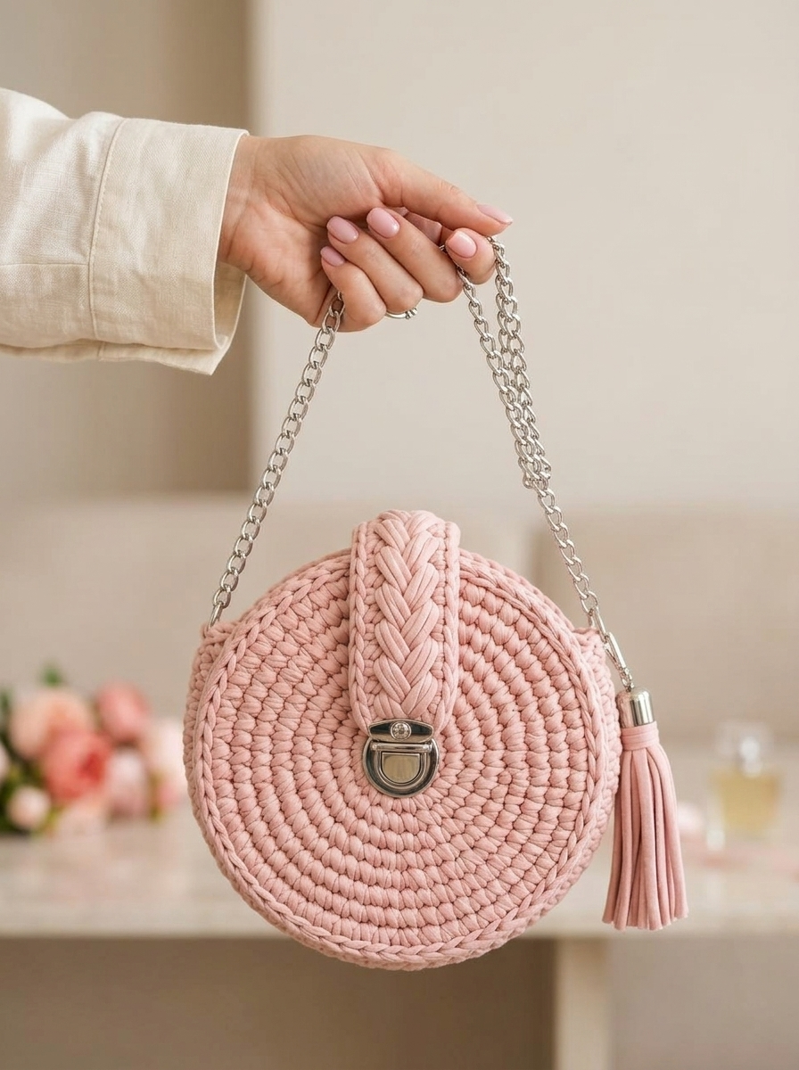 Blush Pink Round Chain Bag Free Crochet Pattern