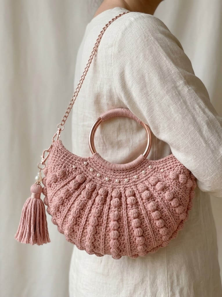 Blush Pink Shell Clutch with Pearl Accents Free Crochet Pattern