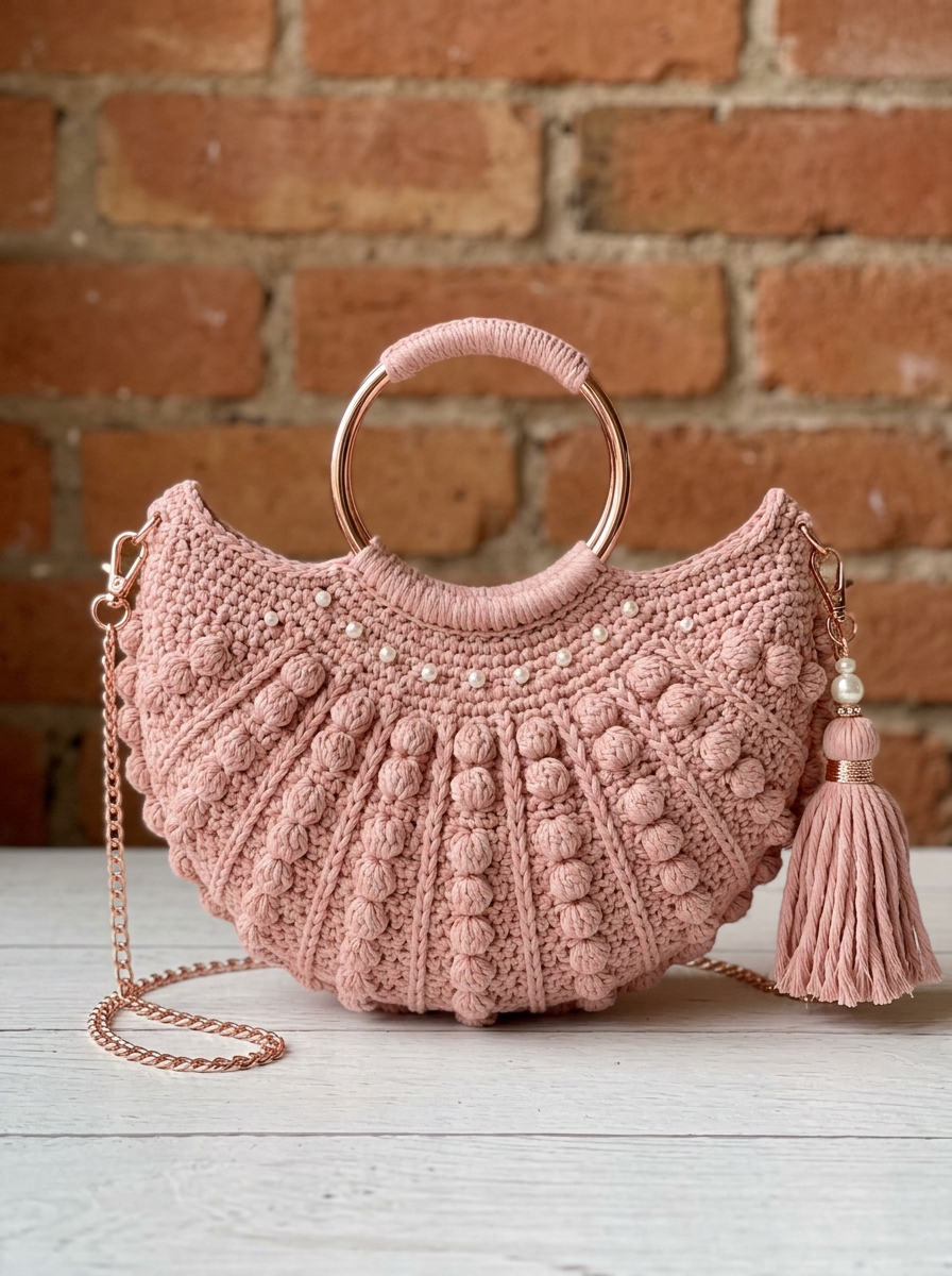 Blush Pink Shell Clutch with Pearl Accents Free Crochet Pattern