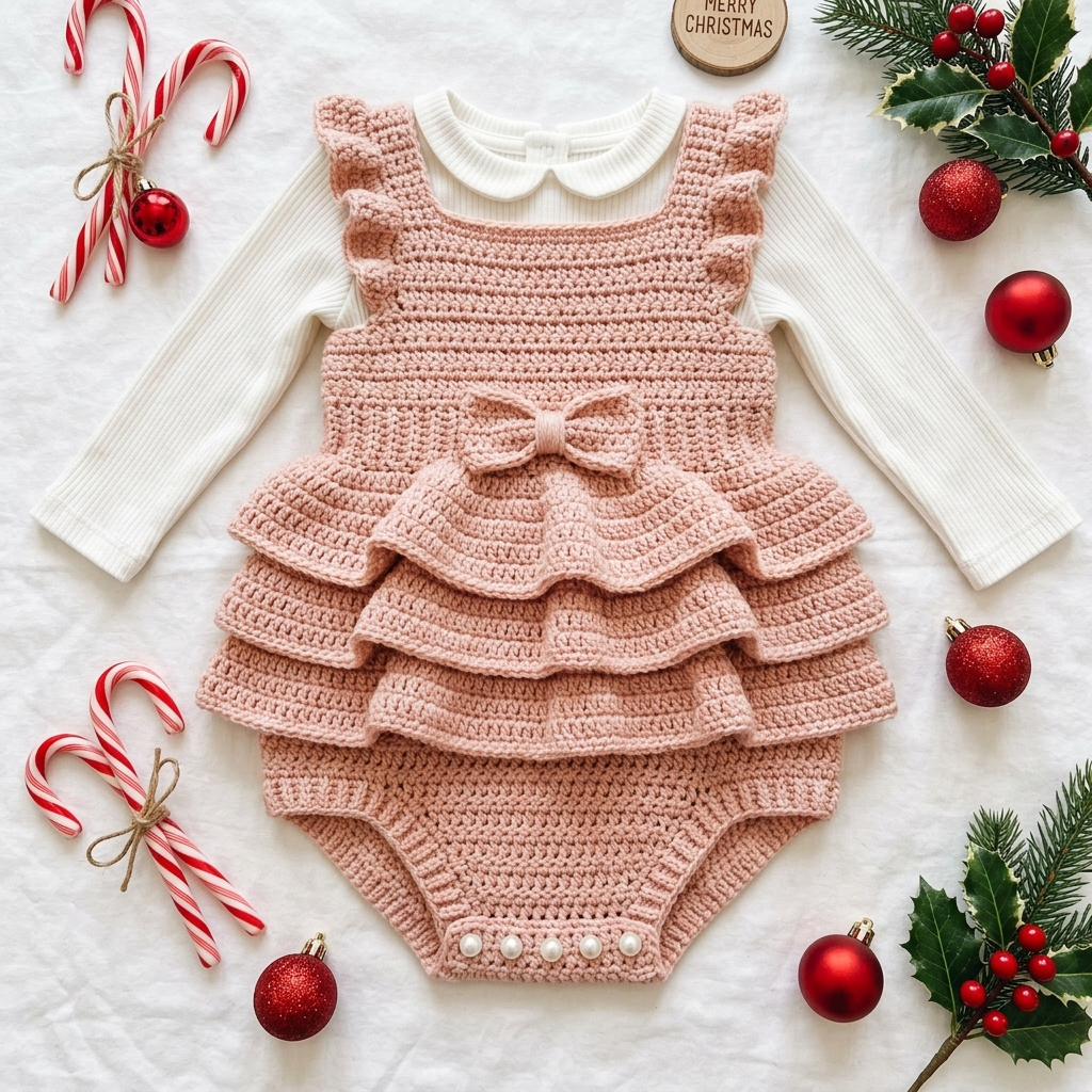 Blush Pink Tiered Baby Romper Free Crochet Pattern