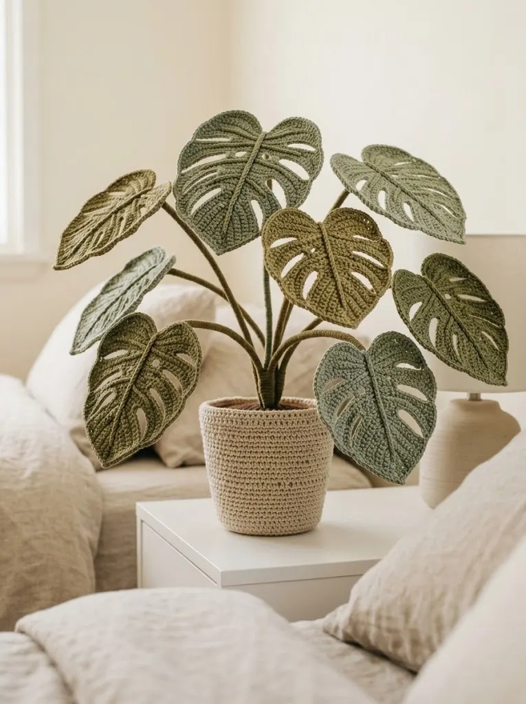 Boho Monstera Crochet Plant for Bedroom Shelf Decor