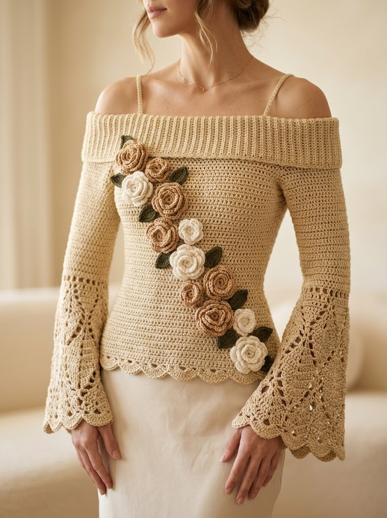 Champagne Gold Bell Sleeve Crochet Top Free Pattern