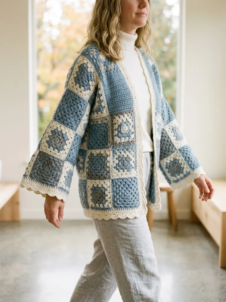Coastal Blue Granny Square Patchwork Cardigan Free Pattern