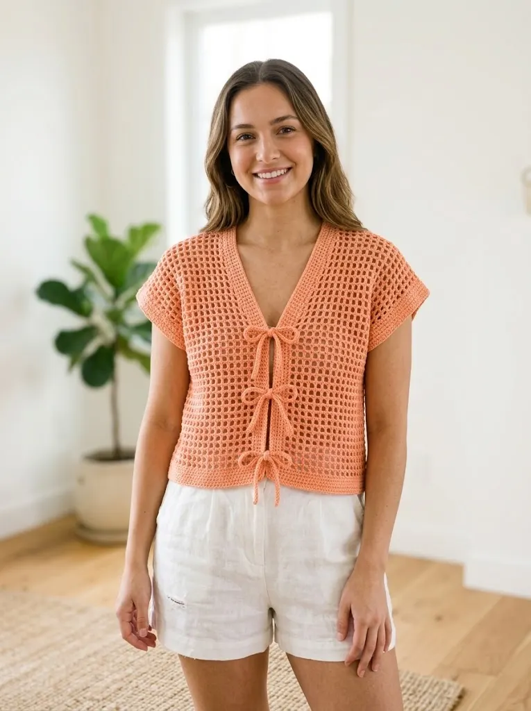 Coral Peach Tie Front Crochet Cardigan Free Pattern