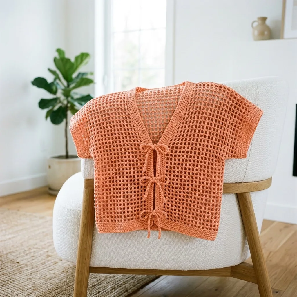 Coral Peach Tie Front Crochet Cardigan Free Pattern