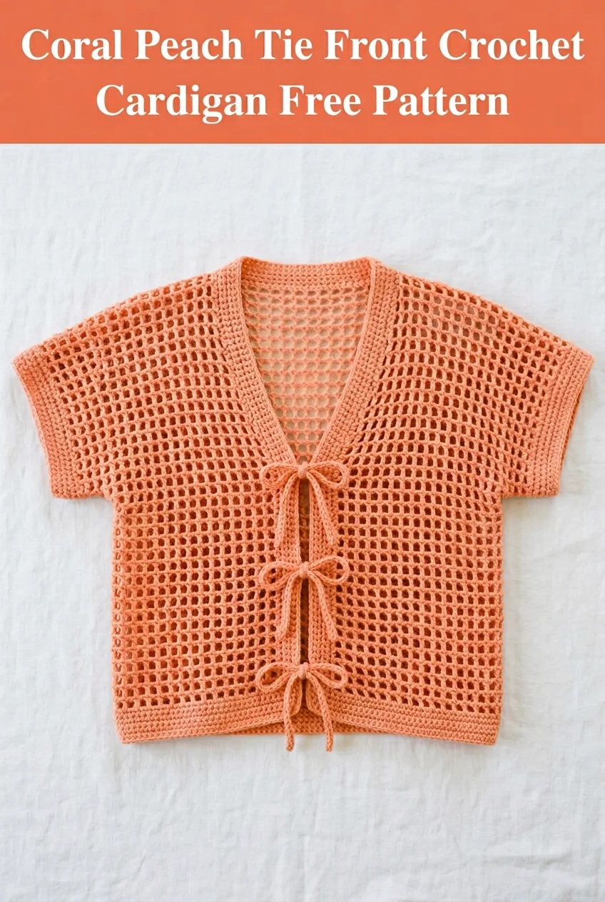 Coral Peach Tie Front Crochet Cardigan Free Pattern