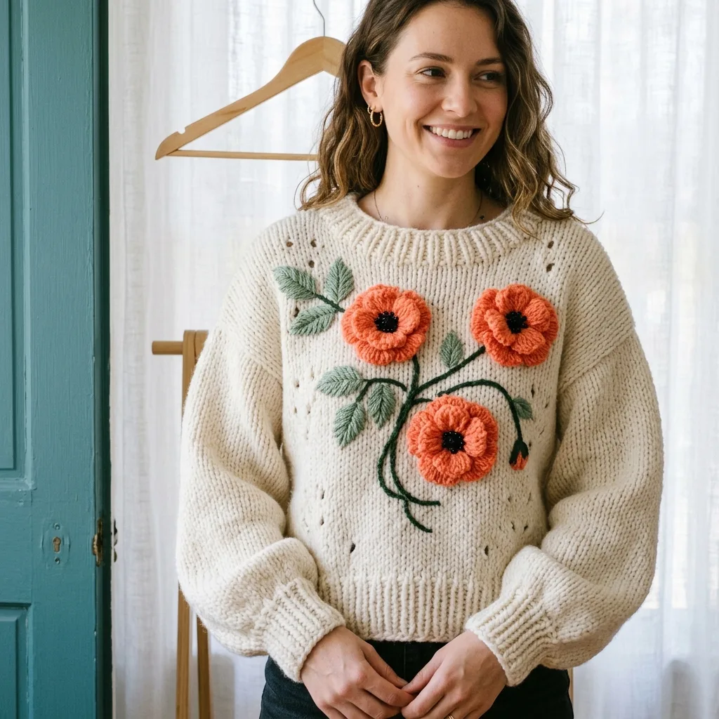Coral Poppy Applique Knit Sweater Crochet Pattern