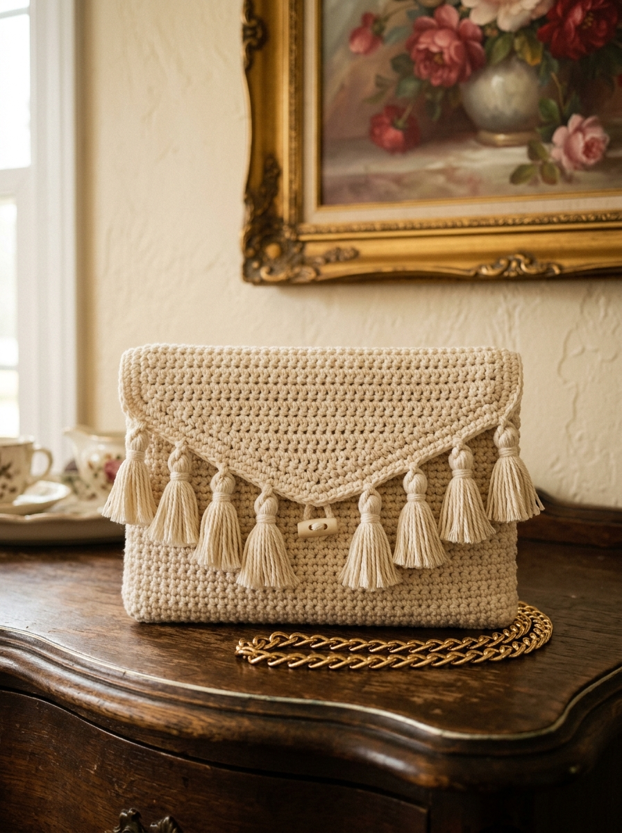 Cream Boho Tassel Fringe Clutch Free Crochet Pattern