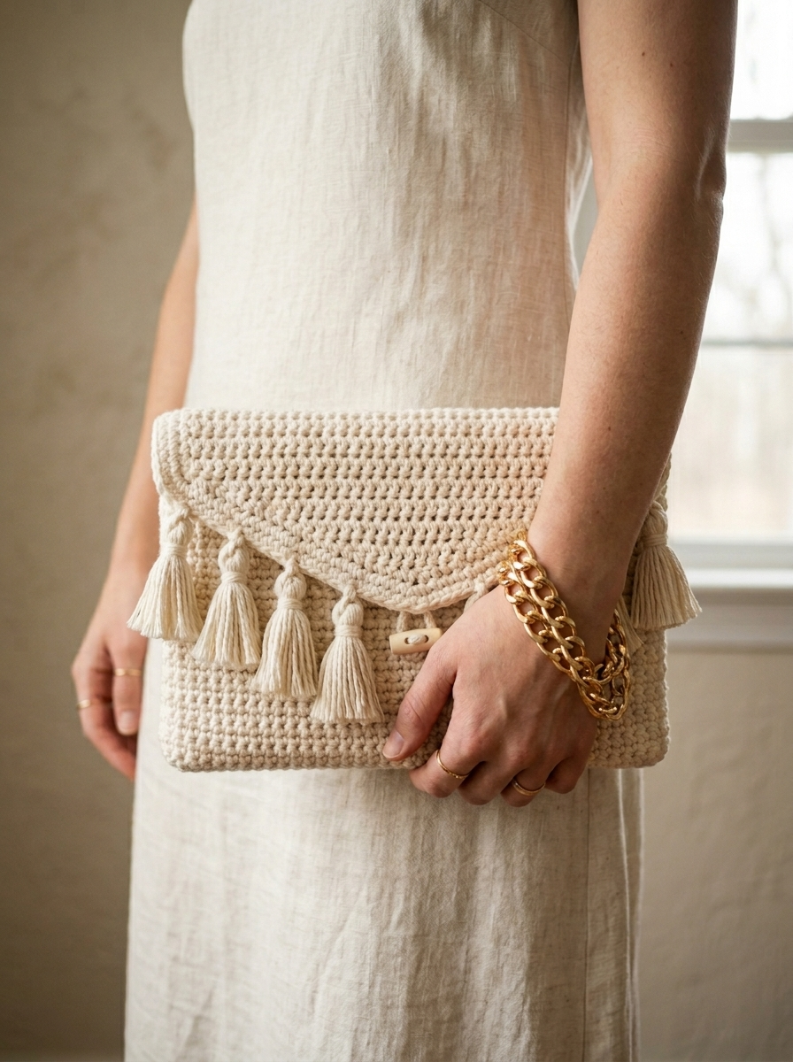 Cream Boho Tassel Fringe Clutch Free Crochet Pattern