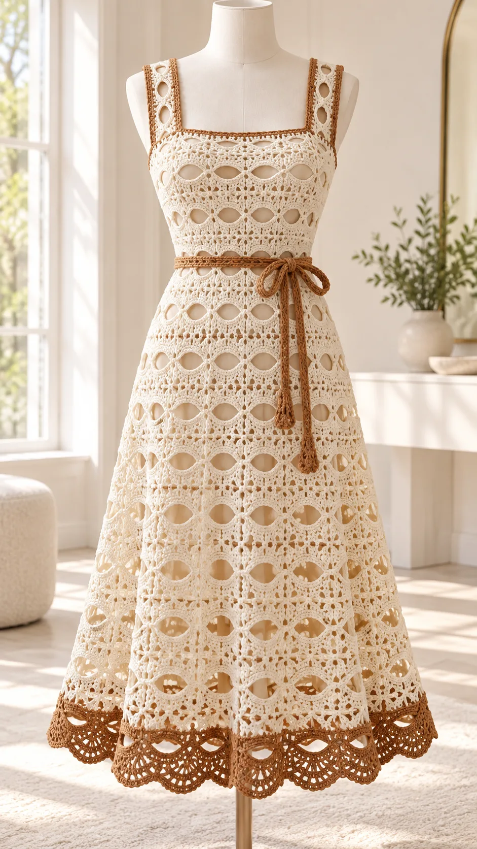 Cream Ribbon Lace Midi Dress Crochet Pattern displayed on a mannequin