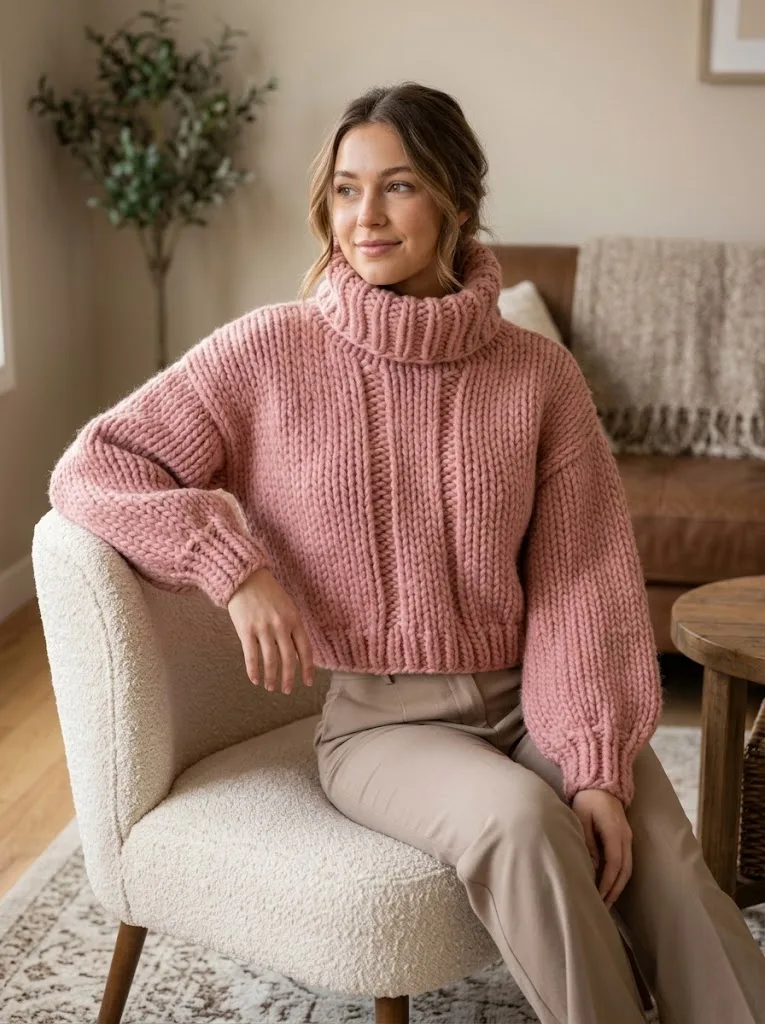 Dusty Rose Chunky Cropped Turtleneck Free Crochet Pattern