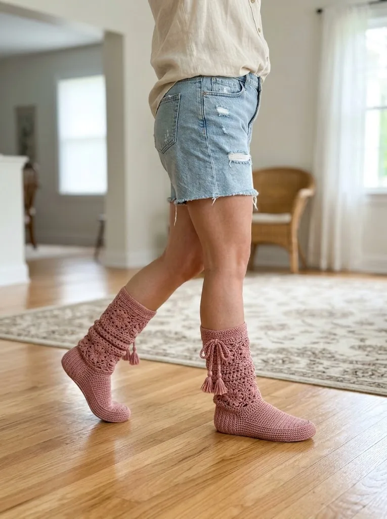 Dusty Rose Floral Crochet Summer Boots Free Pattern