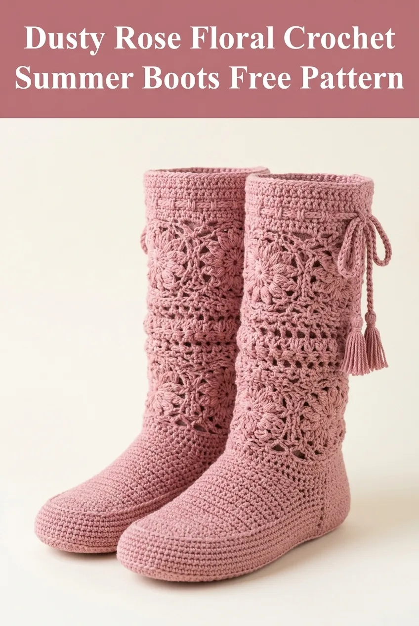 Dusty Rose Floral Crochet Summer Boots Free Pattern