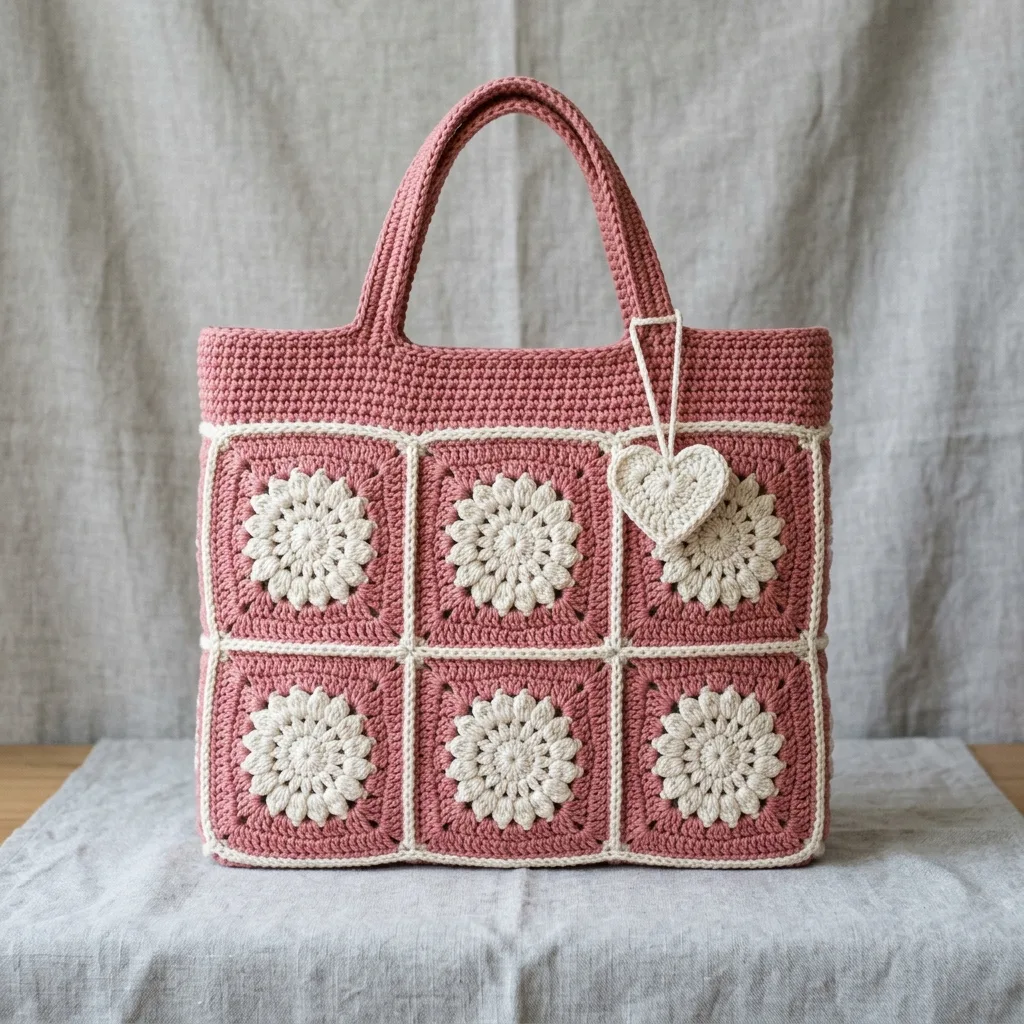 Dusty Rose Floral Granny Square Tote Crochet Pattern