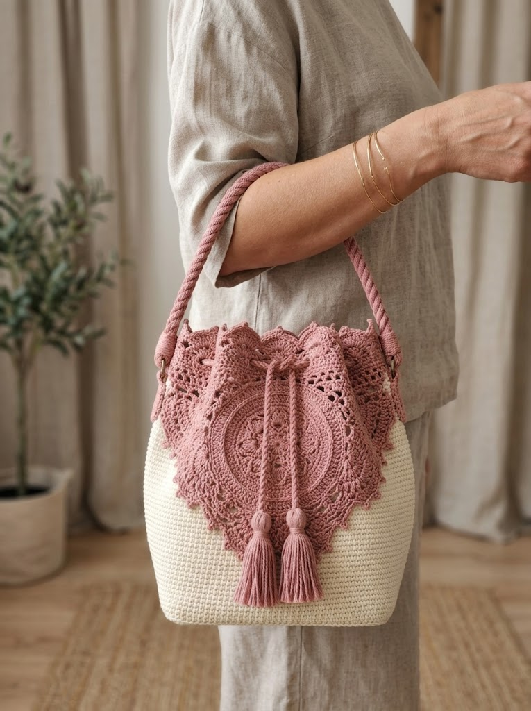 Dusty Rose Floral Lace Bucket Bag Free Crochet Pattern