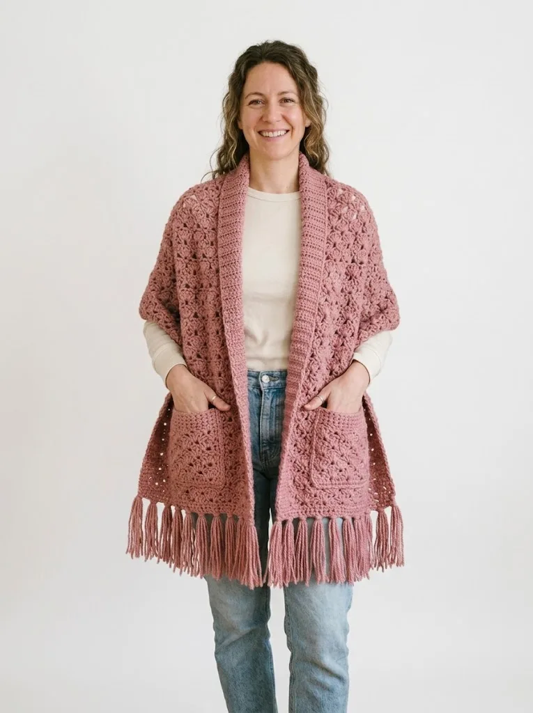 Dusty Rose Fringed Pocket Wrap Free Crochet Pattern