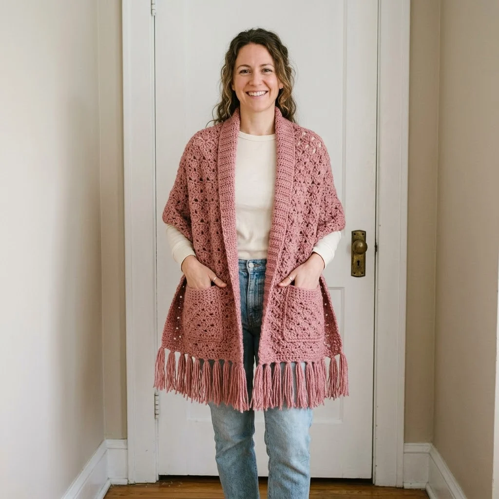Dusty Rose Fringed Pocket Wrap Free Crochet Pattern