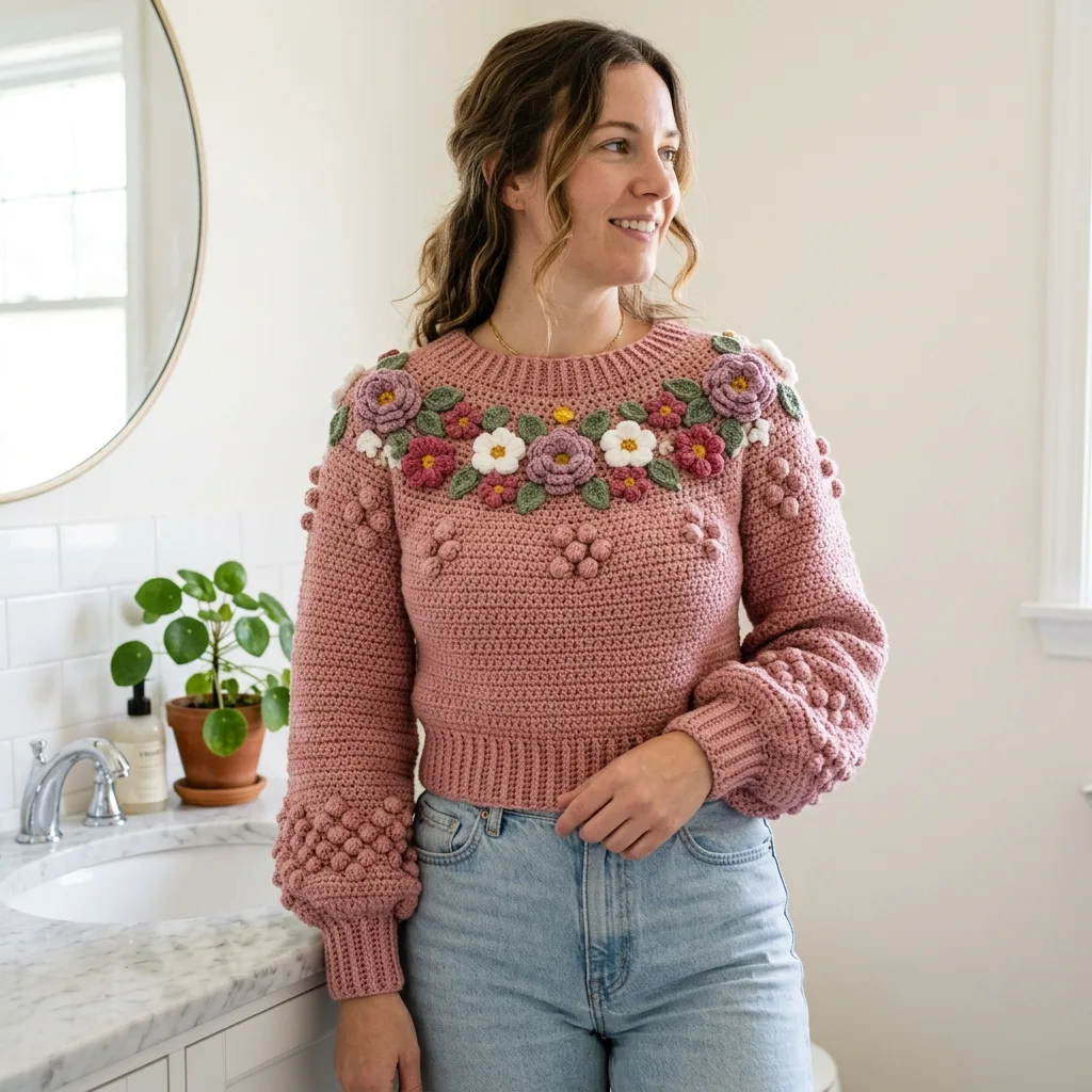 Dusty Rose Garden Bobble Sweater Crochet Pattern