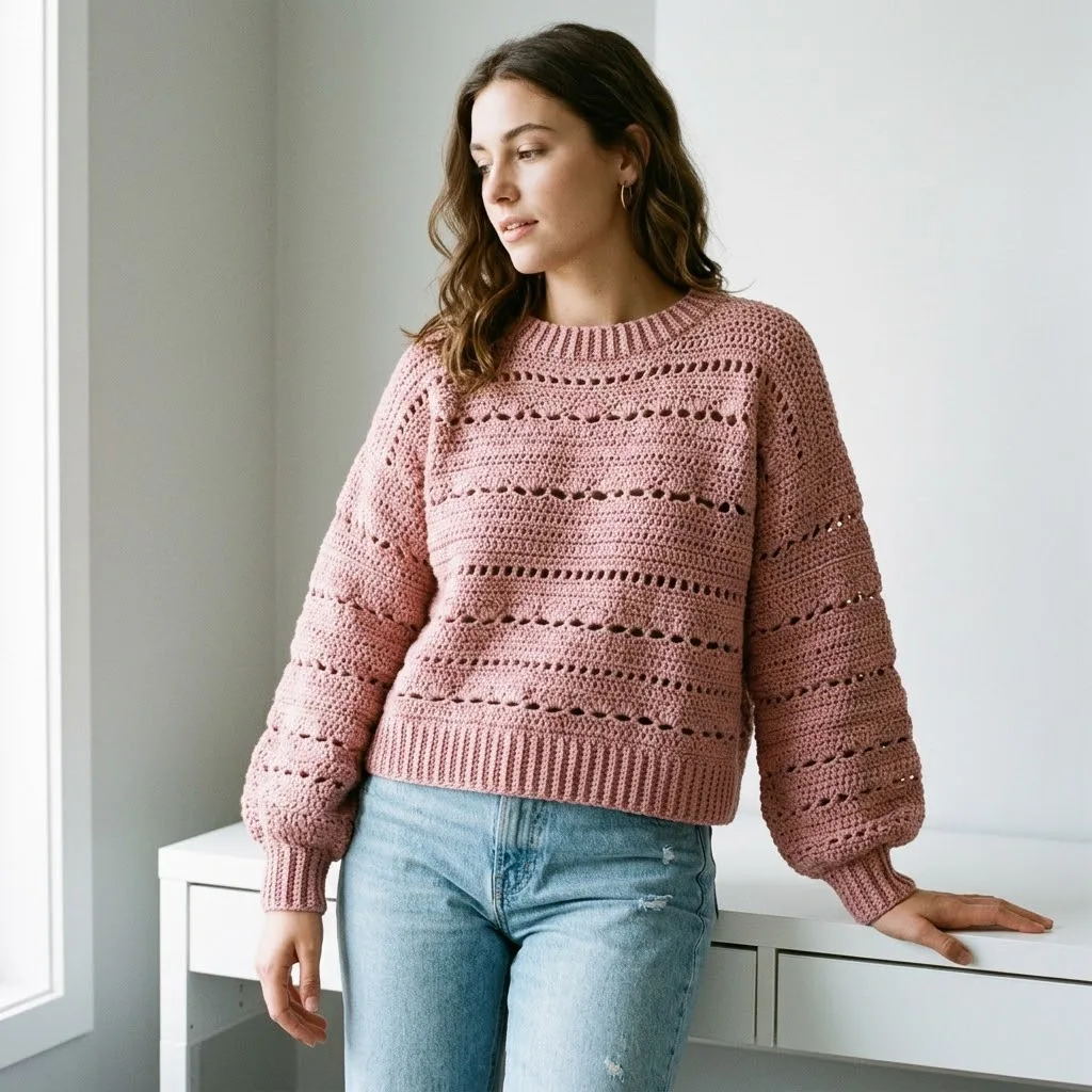 Dusty Rose Lace Panel Crochet Sweater Free Pattern