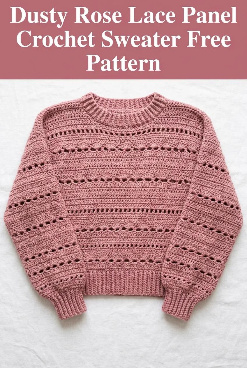 Dusty Rose Lace Panel Crochet Sweater Free Pattern