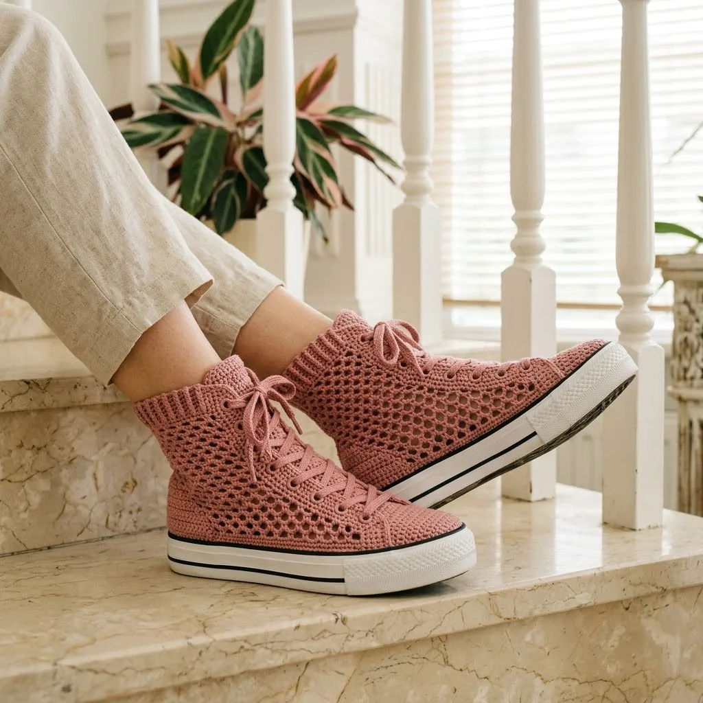 Dusty Rose Mesh Crochet Sneaker Boots Free Pattern