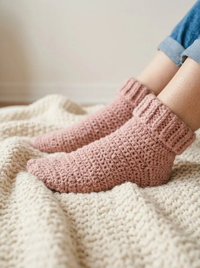 Dusty Rose Ribbed Ankle Socks Free Crochet Pattern