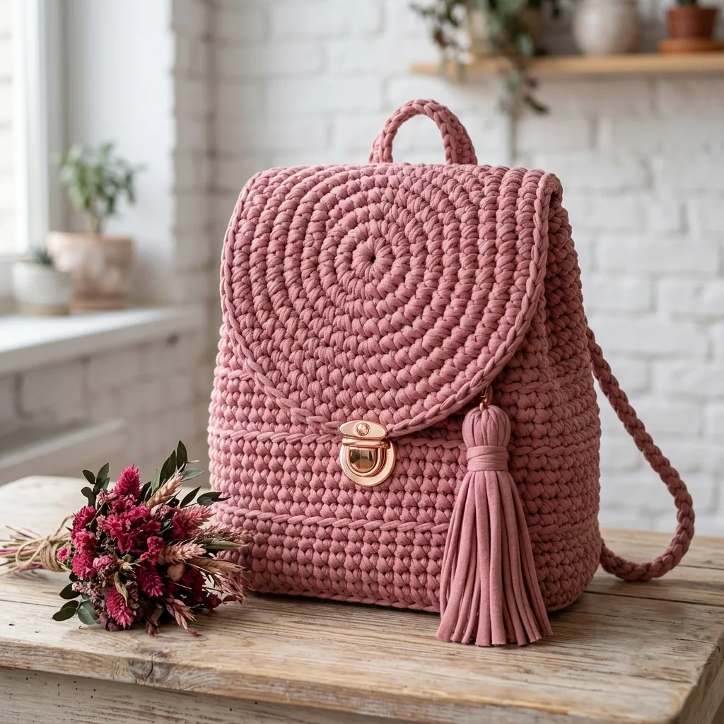 Dusty Rose Spiral Flap Backpack Crochet Pattern