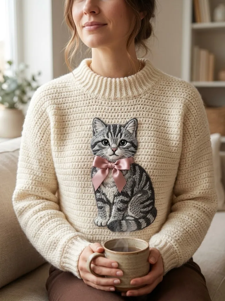 Gray Tabby Cat Bow Sweater Free Crochet Pattern