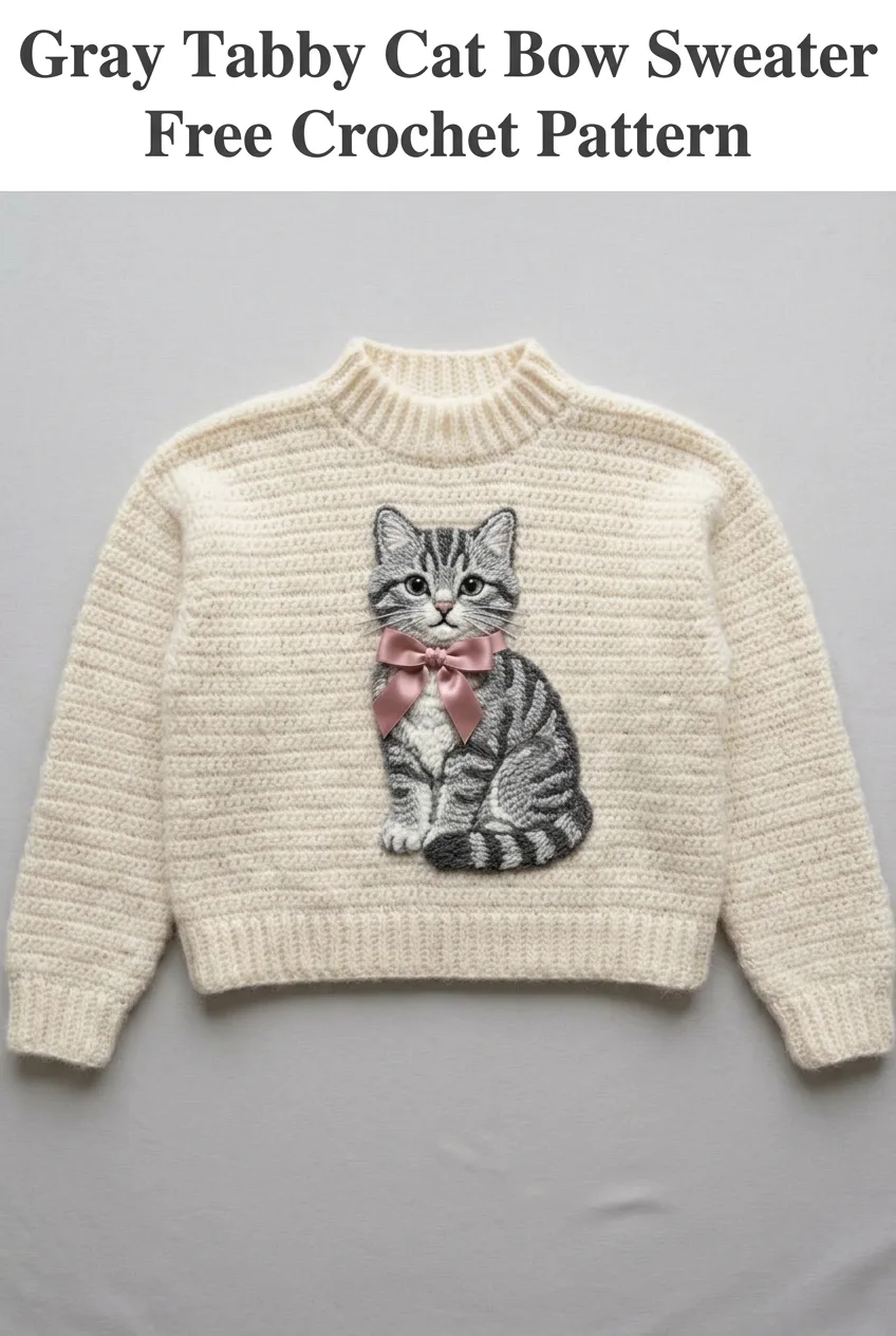 Gray Tabby Cat Bow Sweater Free Crochet Pattern
