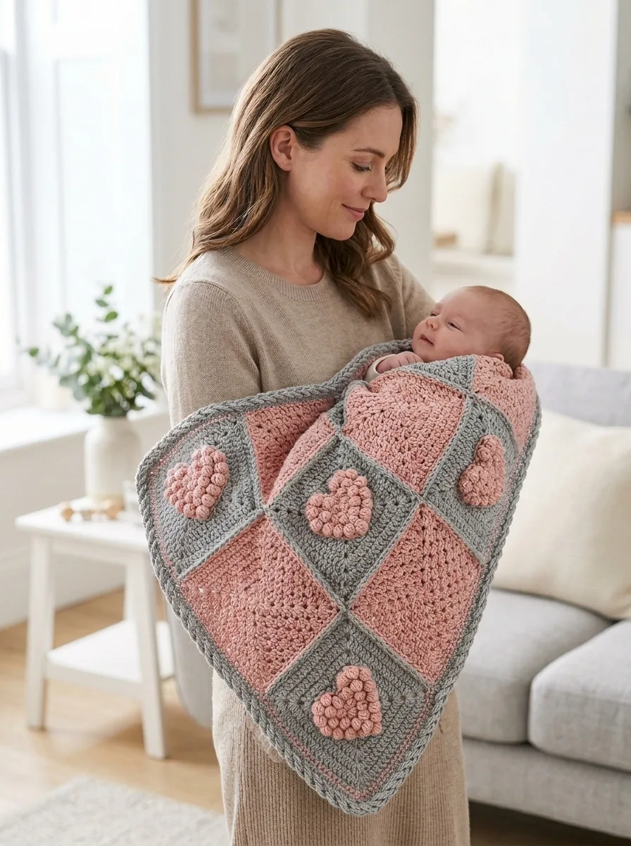 Gray and Pink Heart Granny Square Blanket Free Crochet Pattern