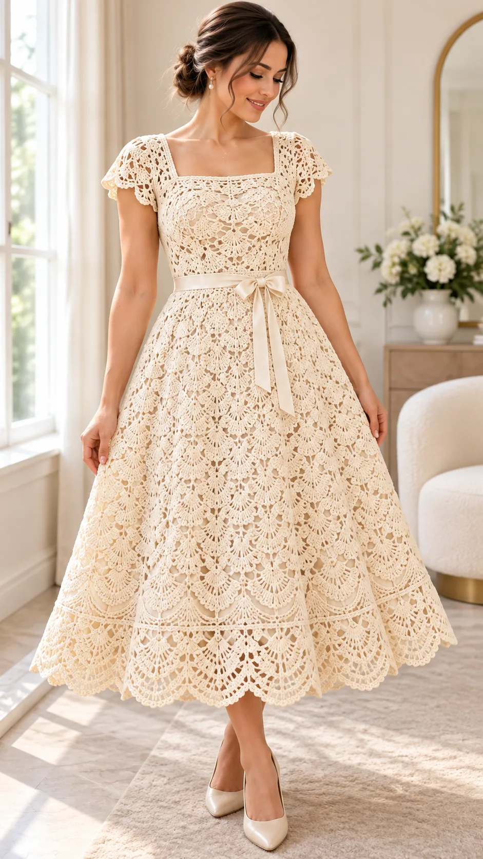 Ivory Pearl Shell Midi Dress Crochet Pattern
