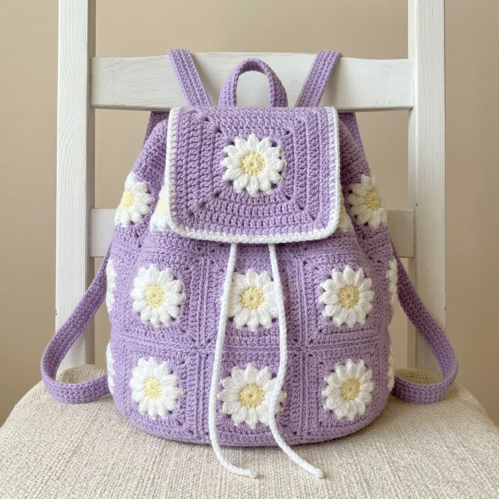 Lavender Daisy Crochet Backpack