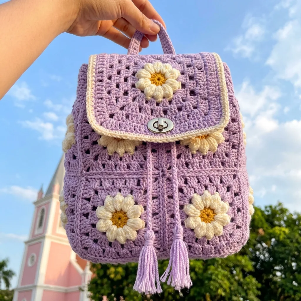 Lavender Daisy Granny Square Backpack Crochet Pattern
