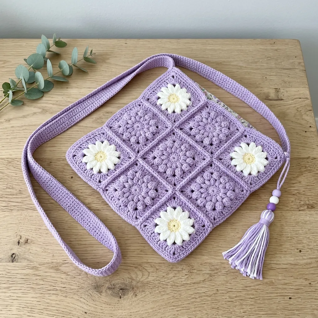 Lavender Daisy Granny Square Crochet Bag