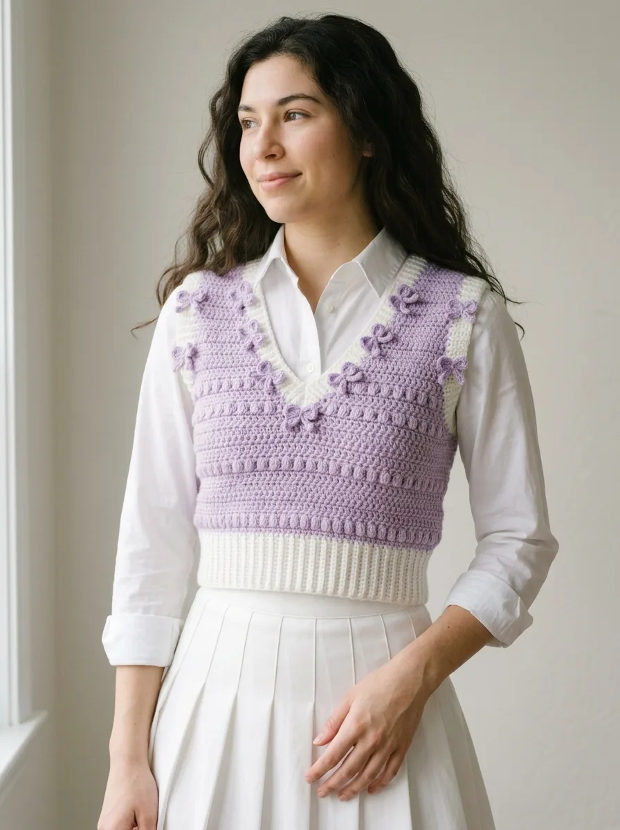 Lavender Dream Bow Crochet Vest Free Crochet Pattern