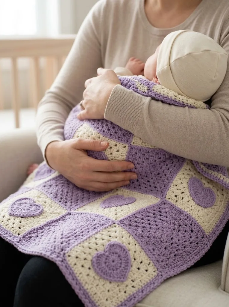 Lavender Heart Granny Square Baby Blanket Free Crochet Pattern