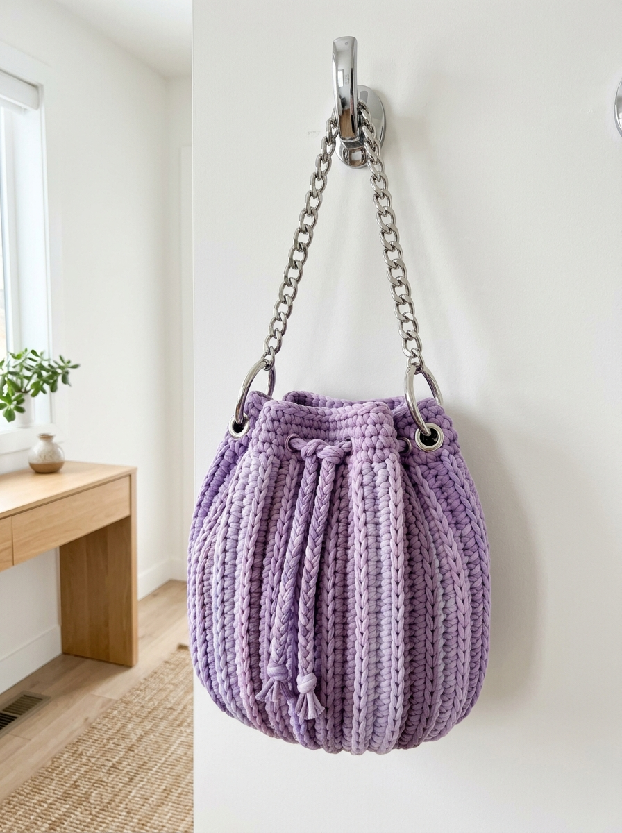 Lavender Purple Drawstring Bucket Bag Free Crochet Pattern