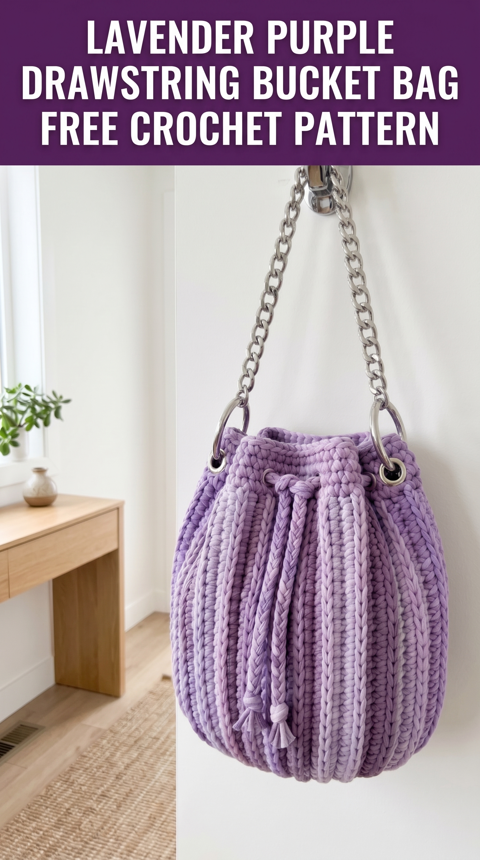 Lavender Purple Drawstring Bucket Bag Free Crochet Pattern