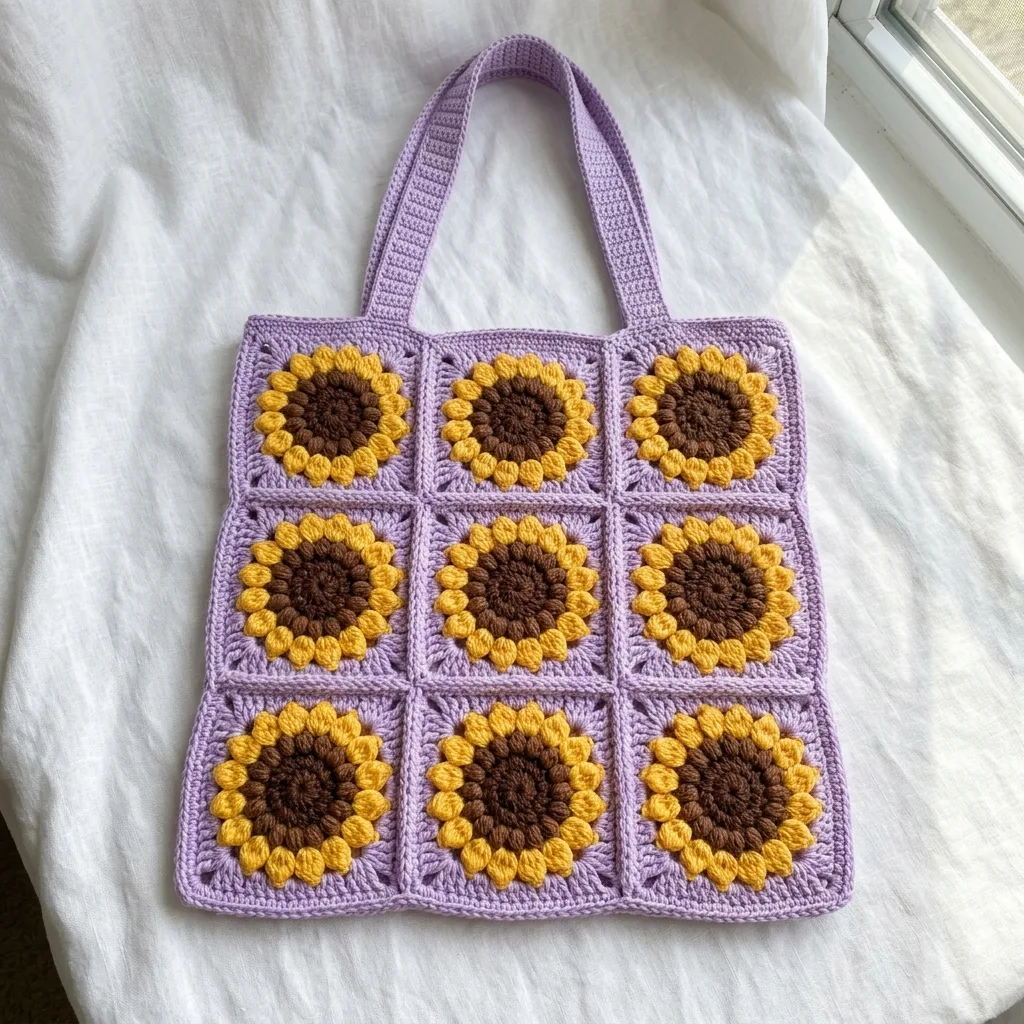 Lavender Sunflower Granny Square Tote Crochet Pattern
