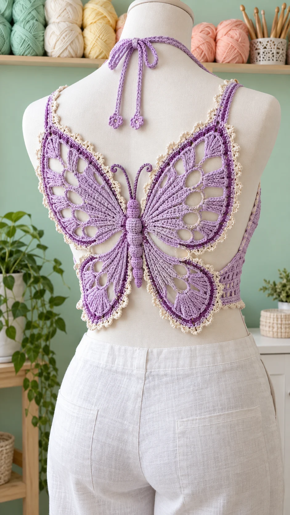 Lilac Butterfly Open-Back Top Crochet Pattern displayed on a mannequin