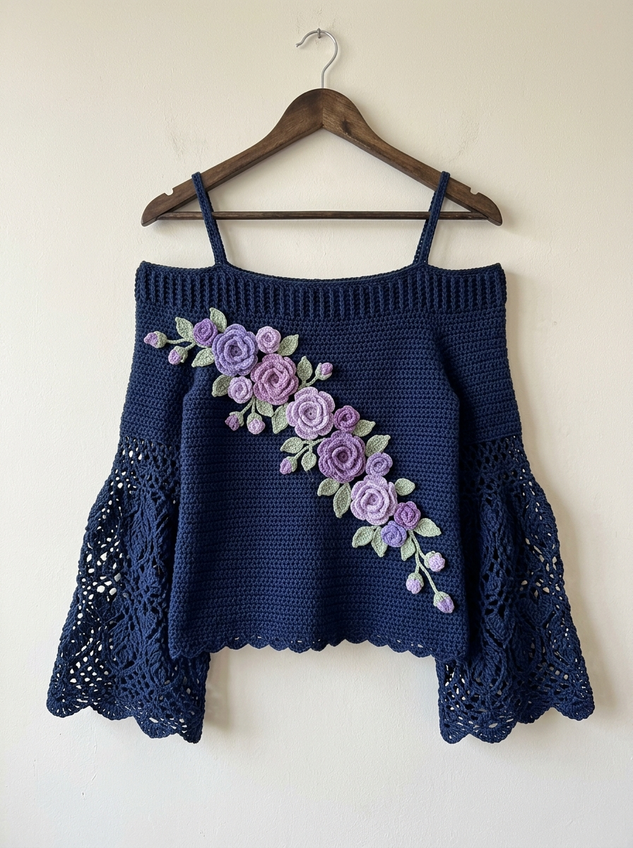 Midnight Blue Floral Bell Sleeve Top Pattern