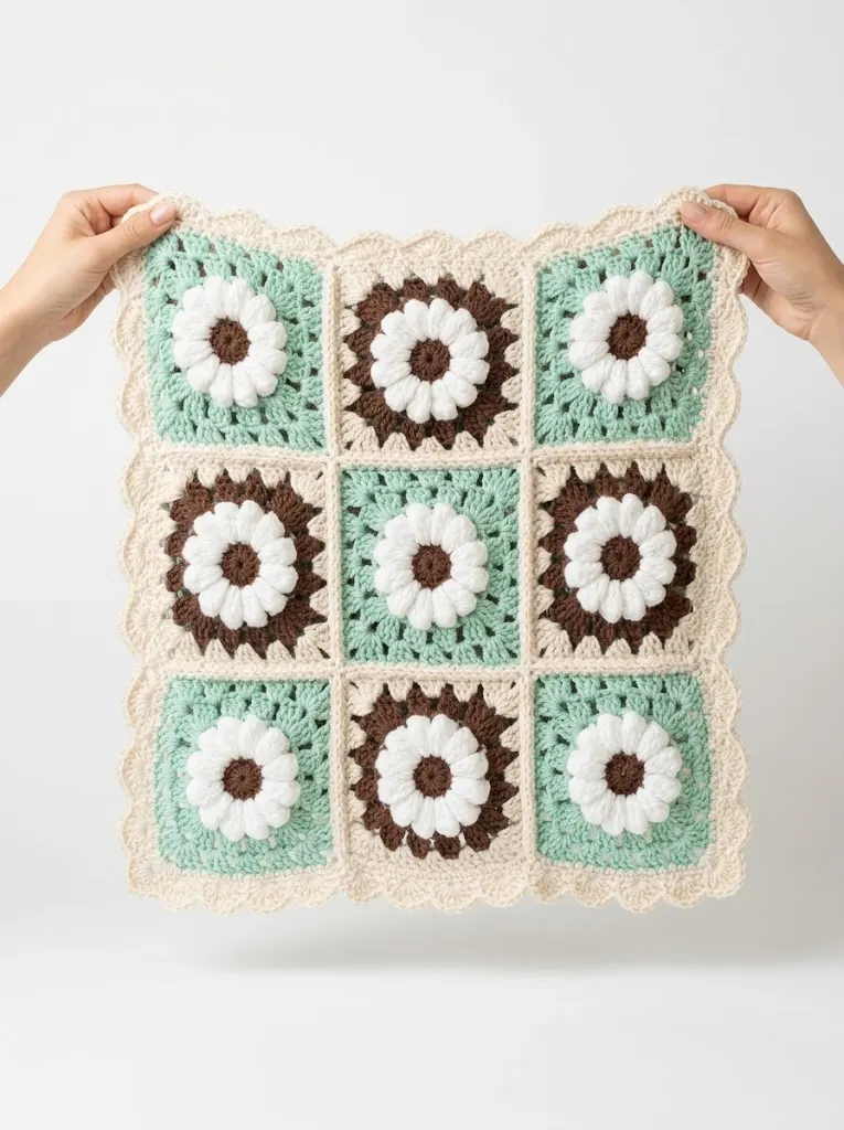 Mint Chocolate Daisy Granny Square Blanket Free Crochet Pattern