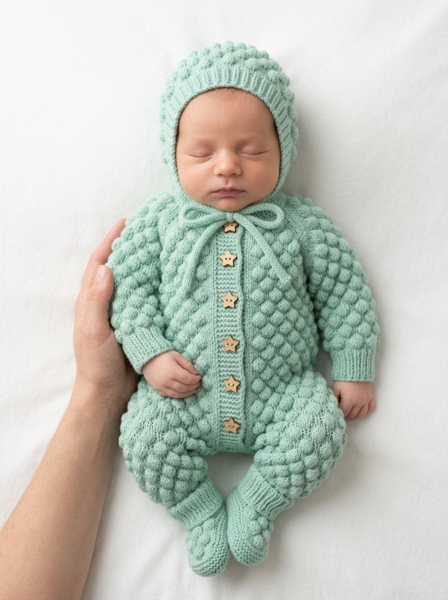 Mint Green Popcorn Stitch Baby Jumpsuit Free Crochet Pattern