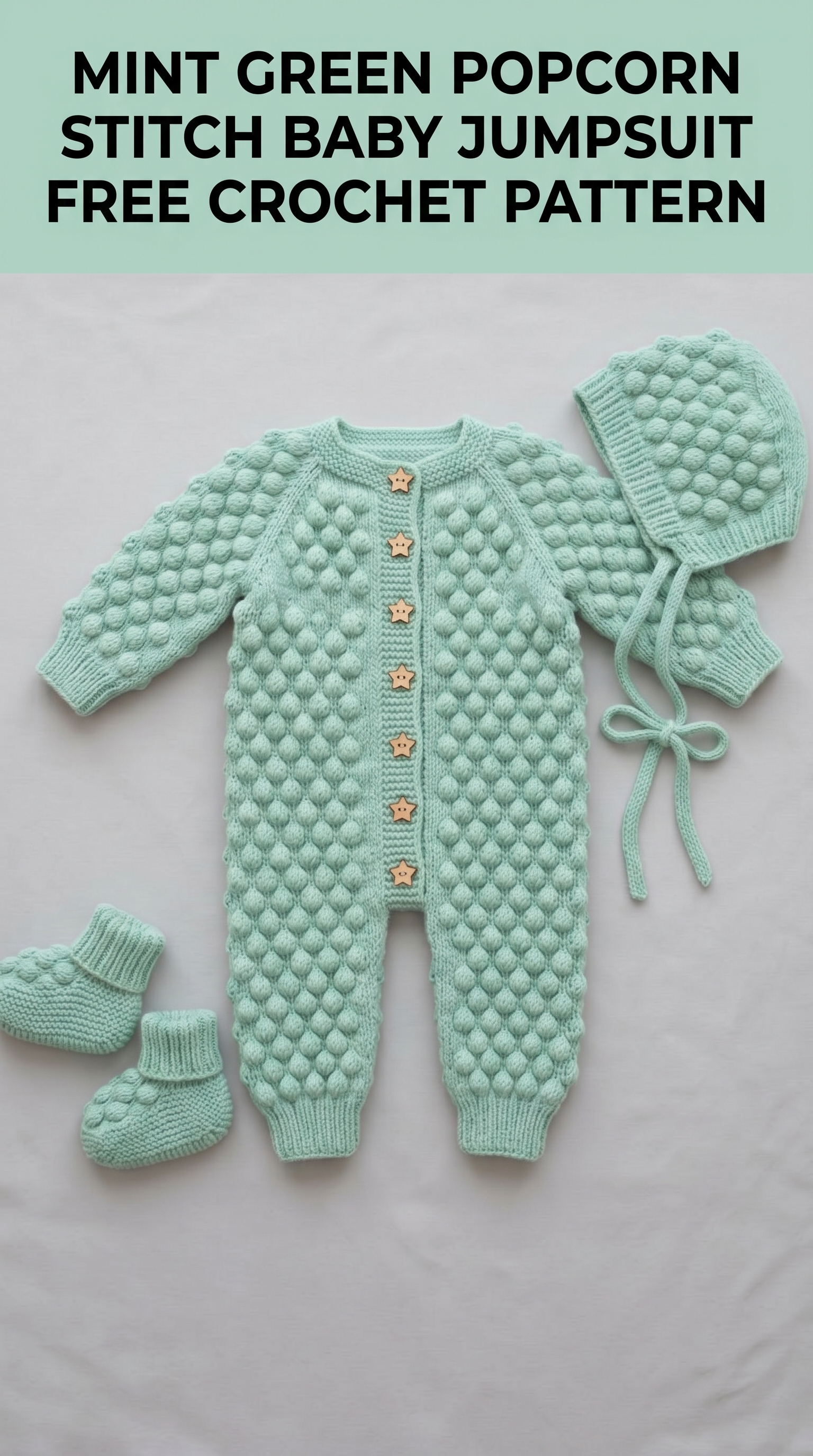 Mint Green Popcorn Stitch Baby Jumpsuit Free Crochet Pattern