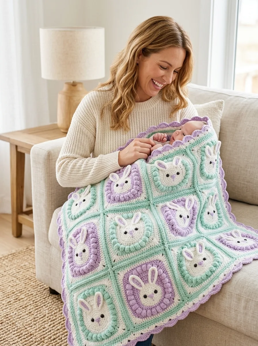 Mint and Lavender Bunny Baby Blanket Free Crochet Pattern