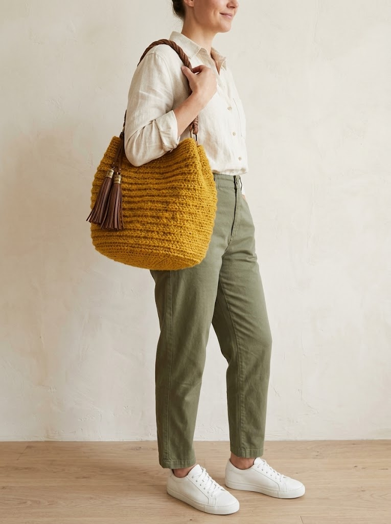 Mustard Yellow Boho Tote with Brown Leather Tassels Pattern