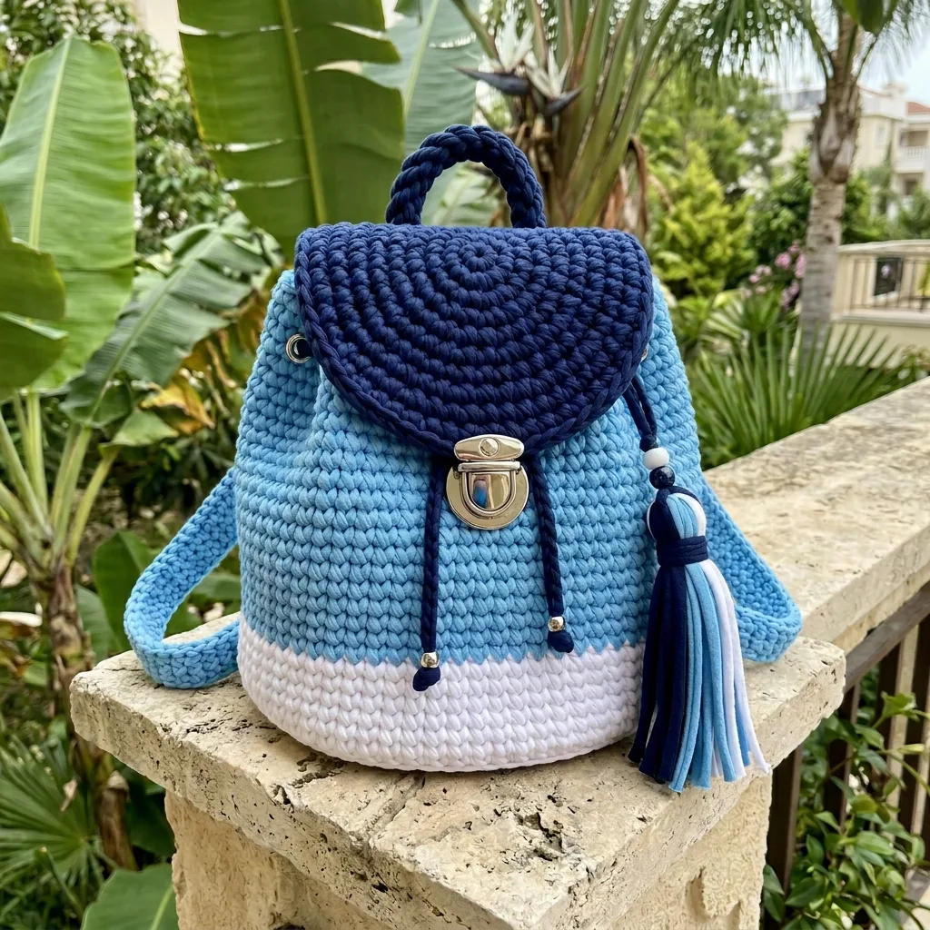 Ocean Blue Ombre Crochet Backpack